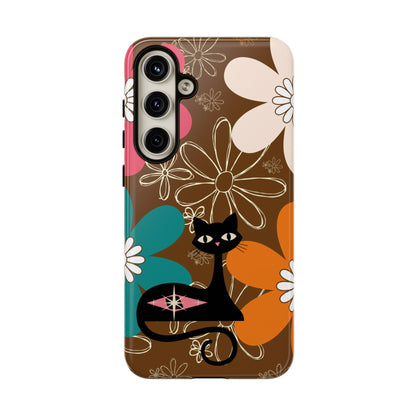Atomic Cat Retro 70s Vibe Flower Power Tough Cases: Cute Floral and Cat Phone Case for Cat Lovers - Mid Century Modern Gal