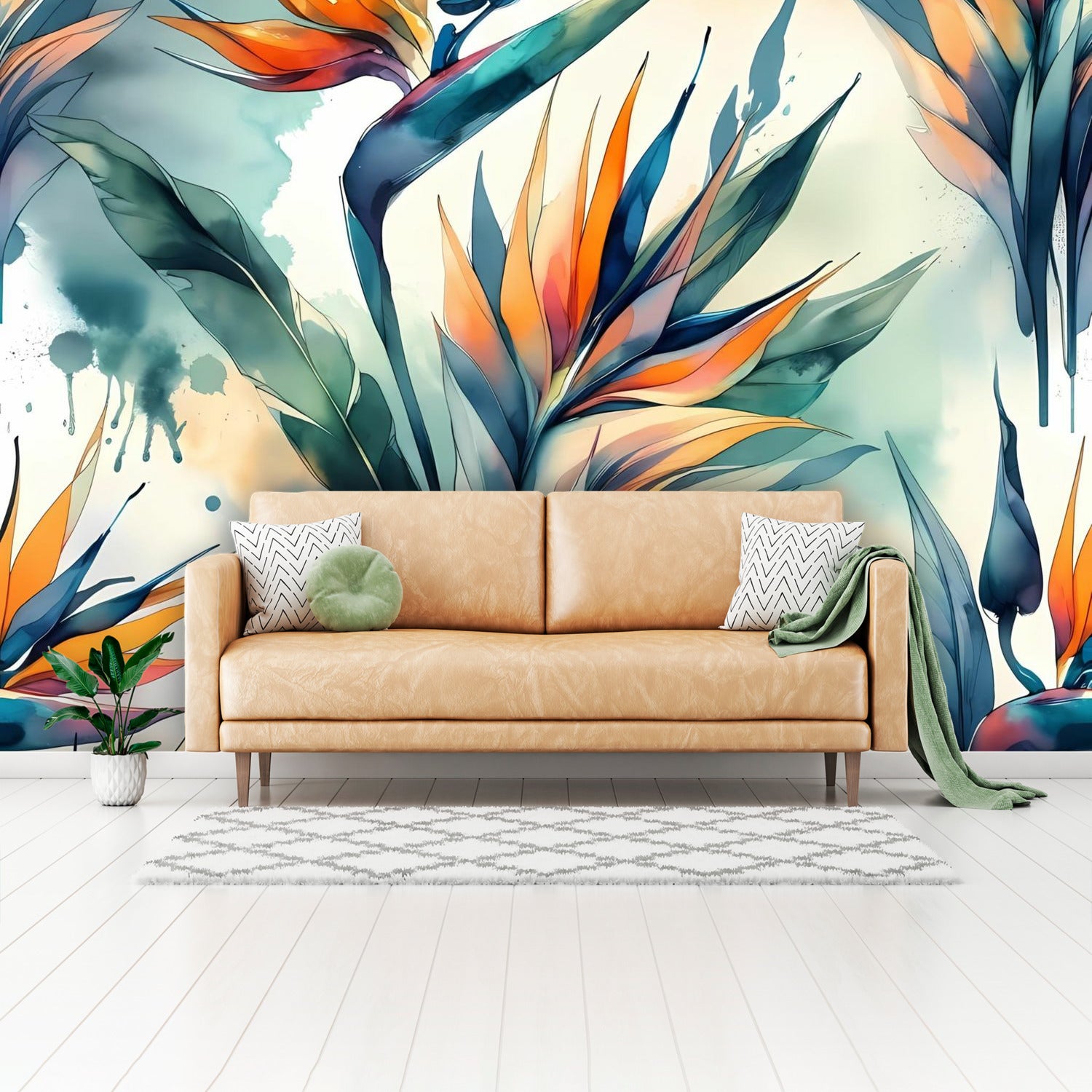 Birds Of Paradise Tropical Polynesian Watercolor Wall Murals - Mid Century Modern Gal