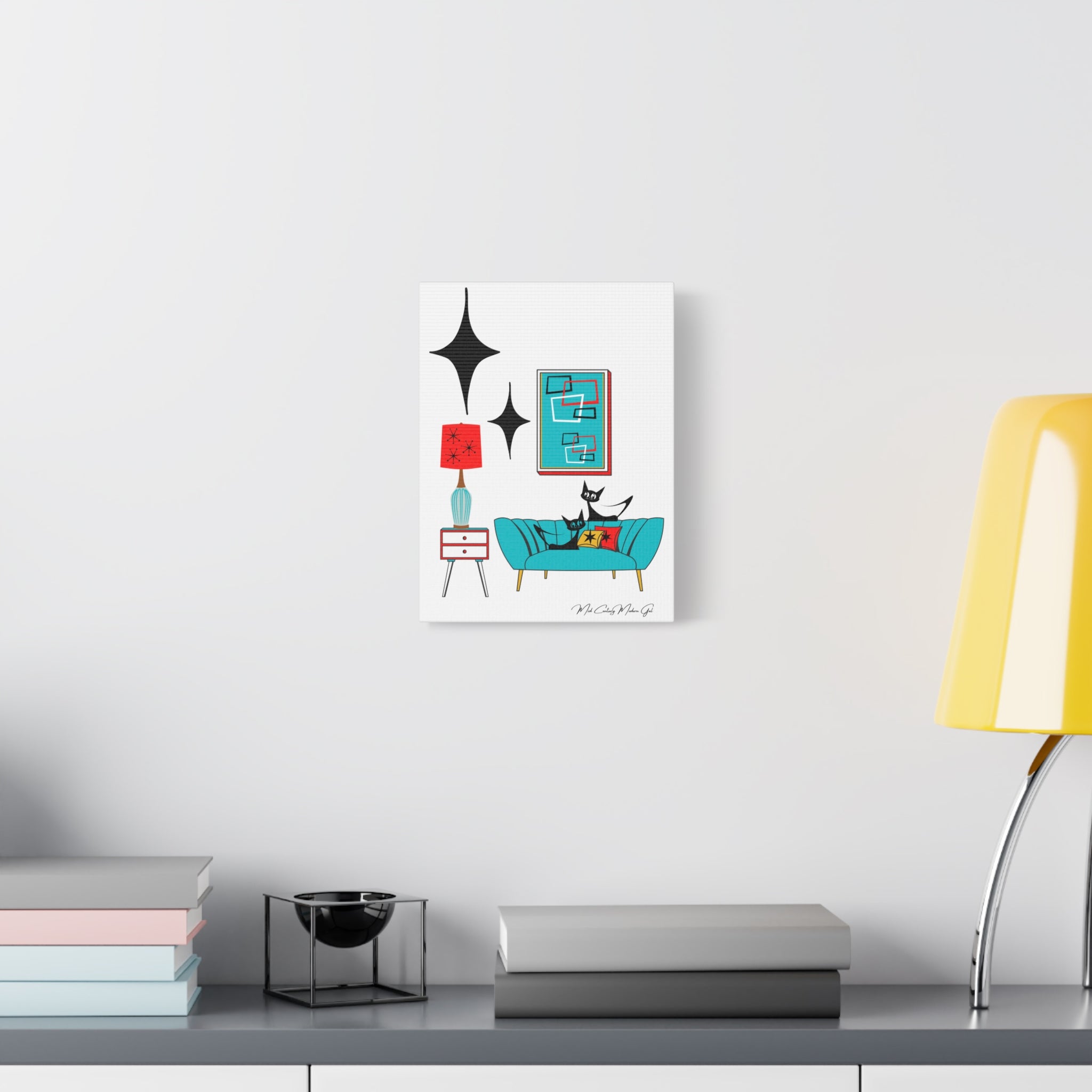 Mid Century Modern Wall Art, Atomic Cat Living Room Retro. Teal Blue, Red, Black Canvas Art - Mid Century Modern Gal