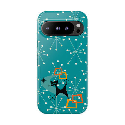 Atomic Space Cat, Starburst Blue, Retro Groovy Smart Phone Tough Phone Cases