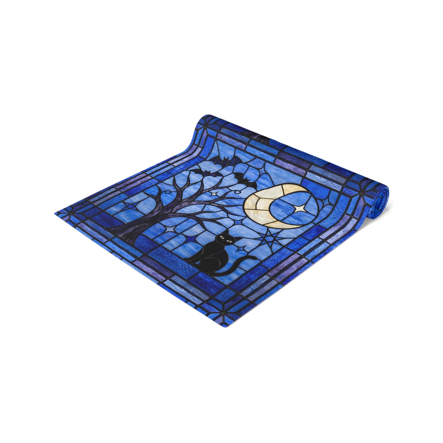 Halloween Stained Glass Style Night Sky Black Cat Table Runner
