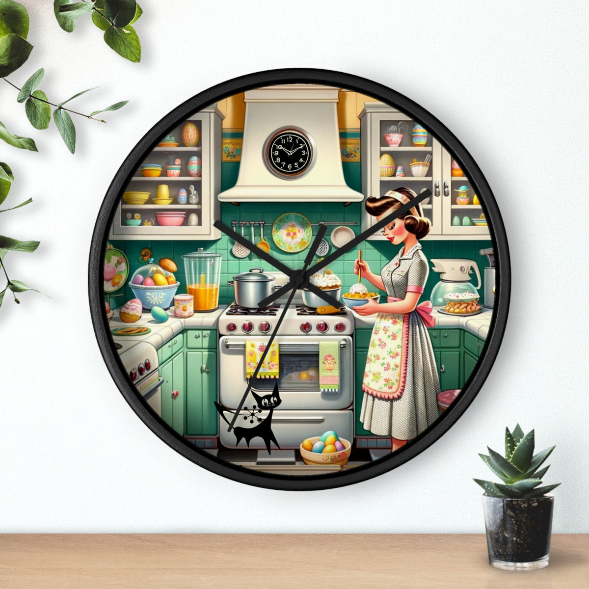 Vintage Kitschy Designed Mid Mod Gal Atomic Cat, Spring  Wall Clock with Retro Cooking Design - Mid Century Modern Gal
