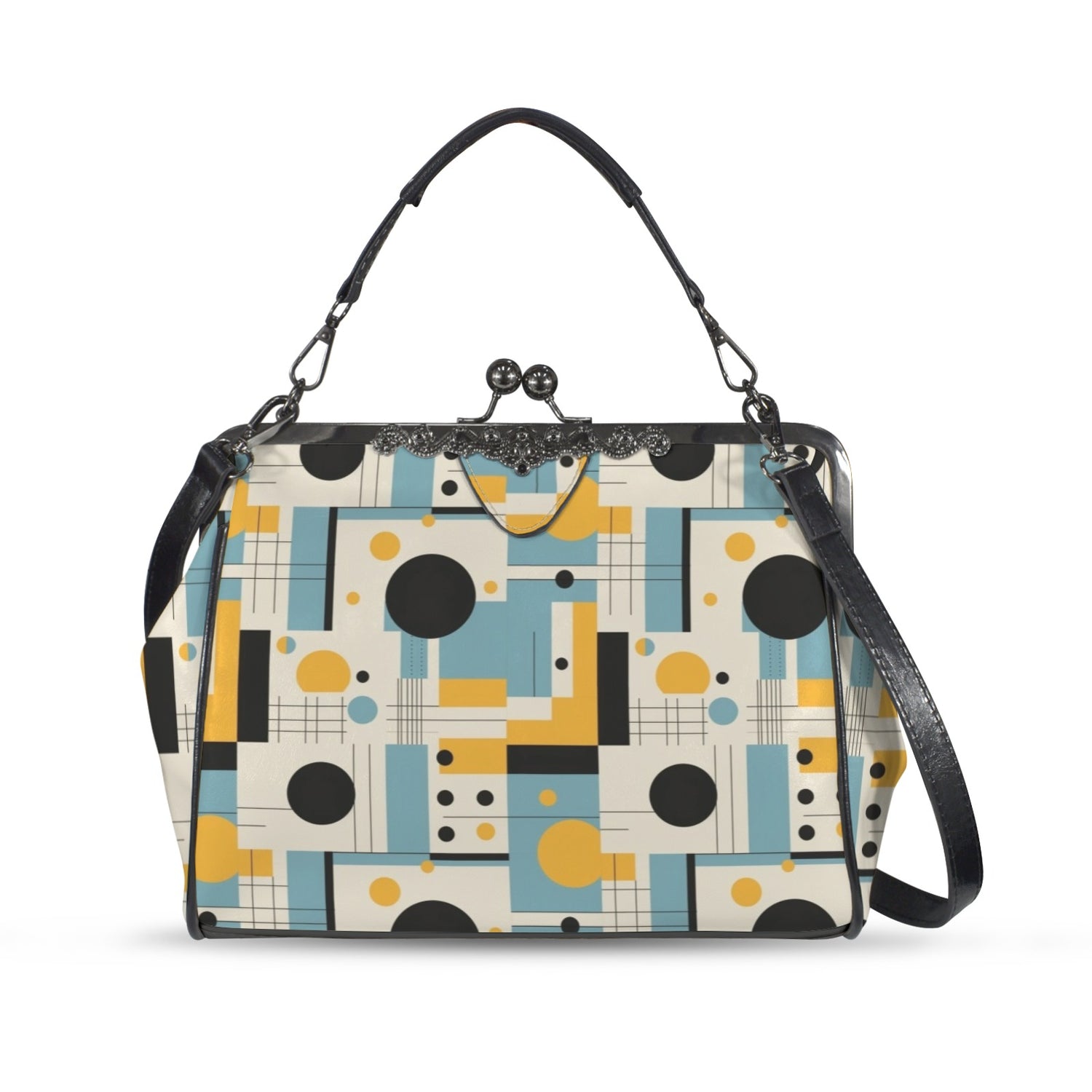 Bauhaus Mid Century Modern Geometric Blue Yellow Kisslock Crossbody Purse - Mid Century Modern Gal
