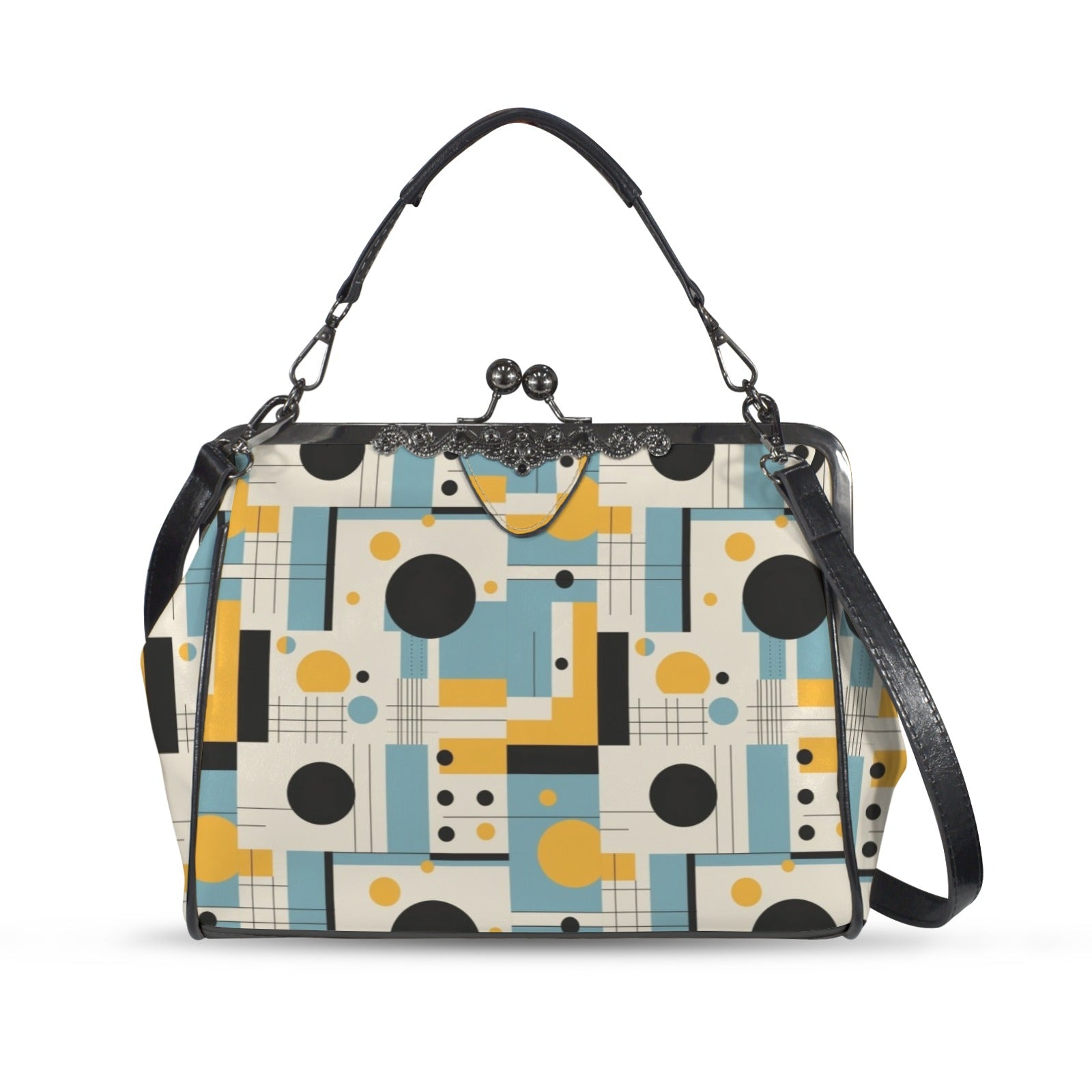Bauhaus Mid Century Modern Geometric Blue Yellow Kisslock Crossbody Purse - Mid Century Modern Gal