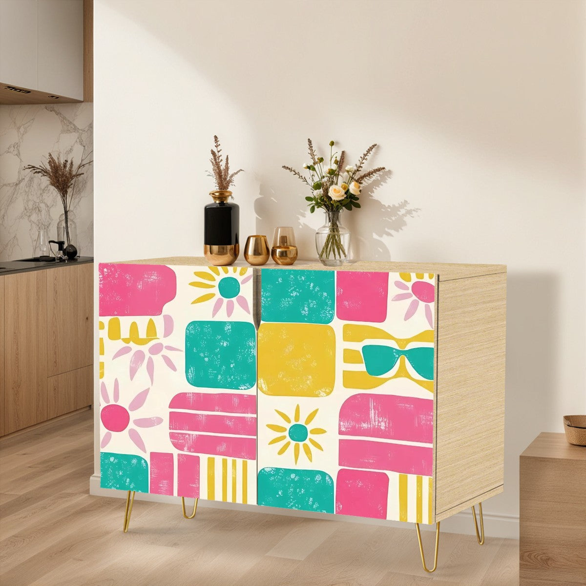 Mid Century Modern Palm Spring Cali, Mod Pink Teal , Yellow Wooden Storage Cabinet - Mid Century Modern Gal