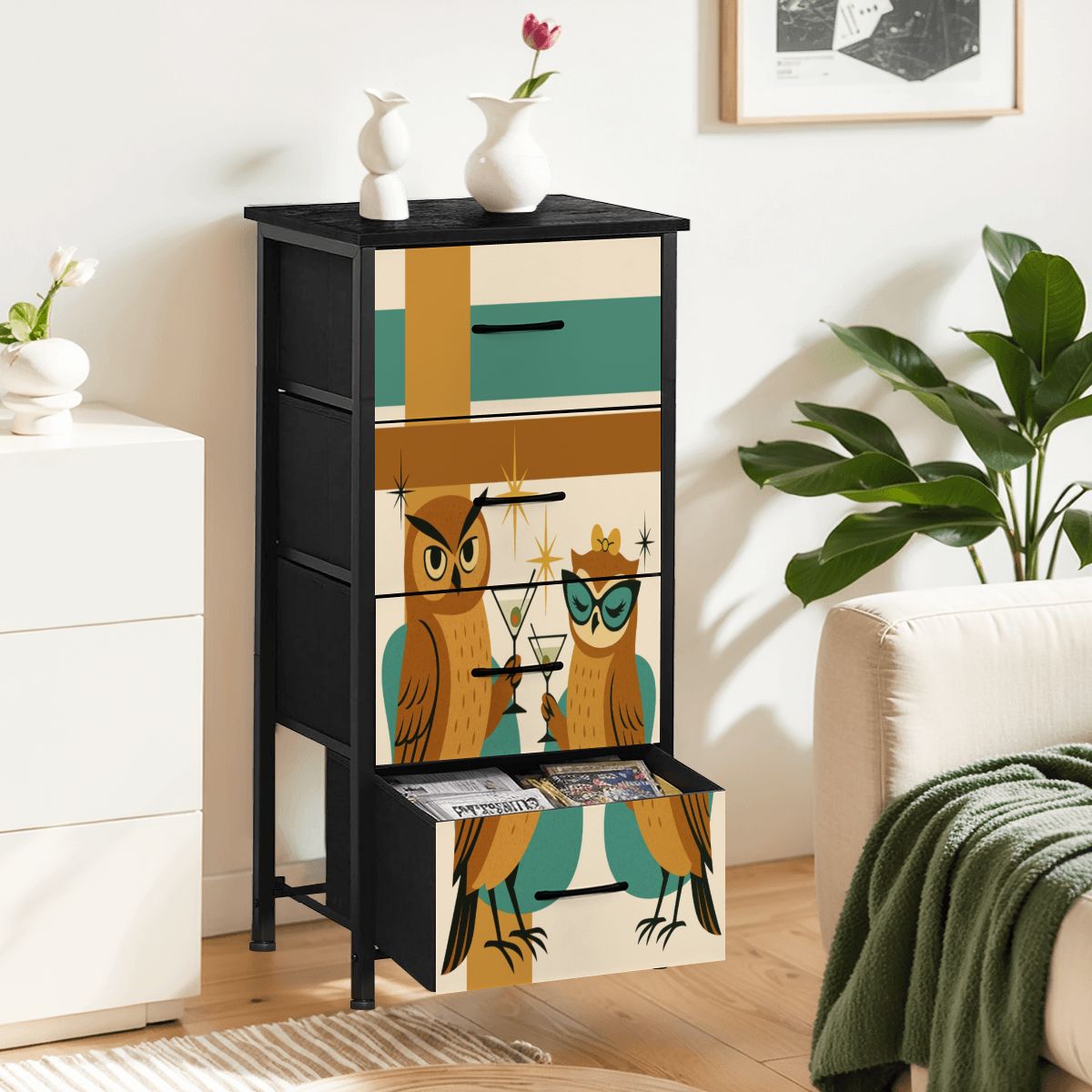 Mid Century Modern 70s Owls Kitschy Martini Time 4-Drawer Dresser - Mid Century Modern Gal