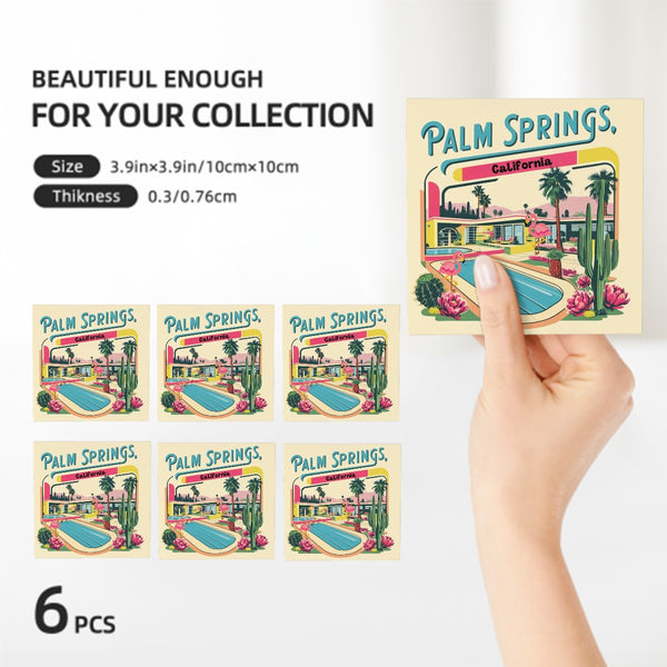 Palm Springs California Hotel, Flamingo Kitschy Mod 50s Designed Square Ceramic Coasters Set of 6
