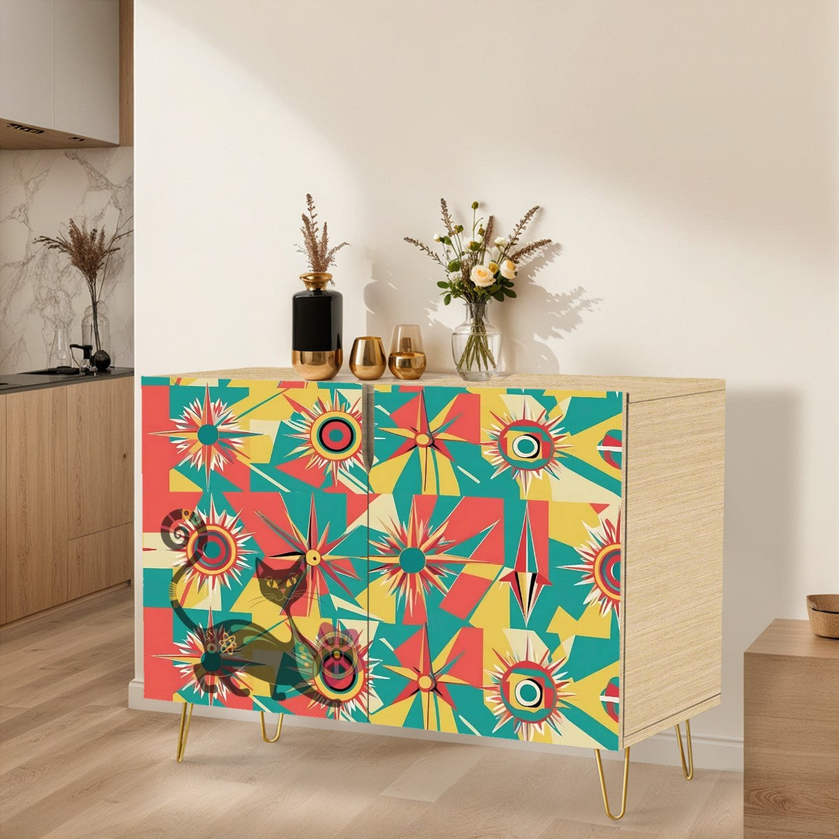 Atomic Space Cat Mid Century Modern Coral, Teal, Yellow Mid Century Modern Wooden Storage Cabinet - Mid Century Modern Gal