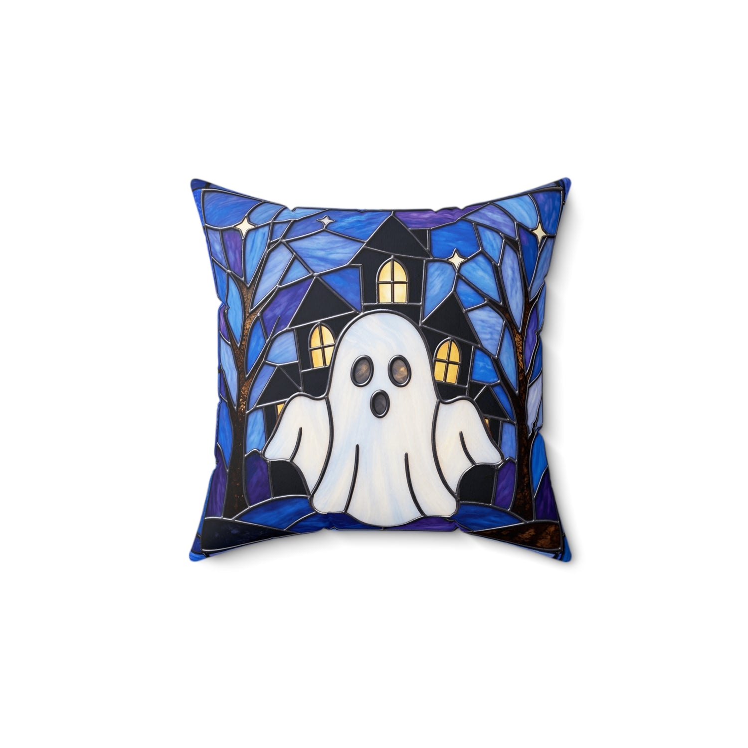 Halloween Stained Glass Style Ghost Haunted House Pillow Cover and Insert