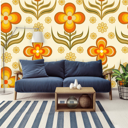 Flower Power, Scandinavian Floral Wallpaper, Peel And Stick Orange, Yellow Green Wall Mural