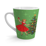 Mid Century Modern Gal Decorating Christmas Tree, Green Atomic Starbursts Latte Mug