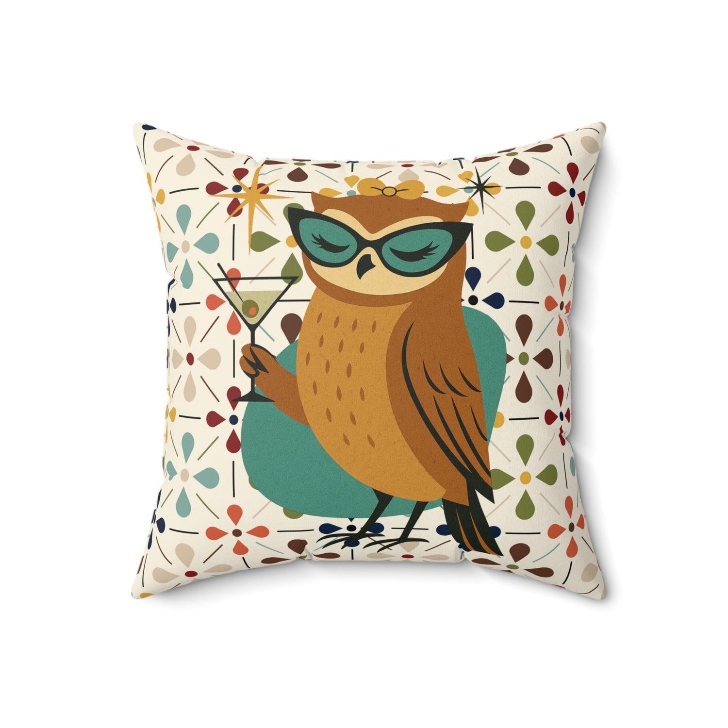 Modern Scandinavian Floral Cocktail Owl, Kitschy Mod Pillow And Insert - Mid Century Modern Gal