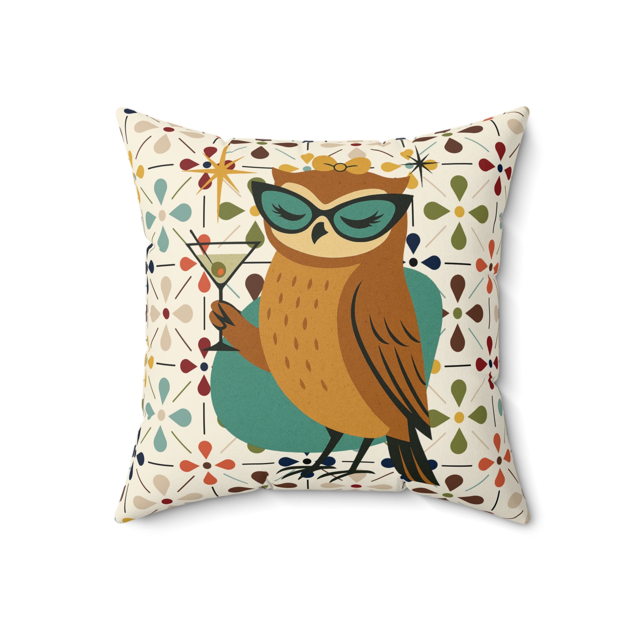 Modern Scandinavian Floral Cocktail Owl, Kitschy Mod Pillow And Insert - Mid Century Modern Gal