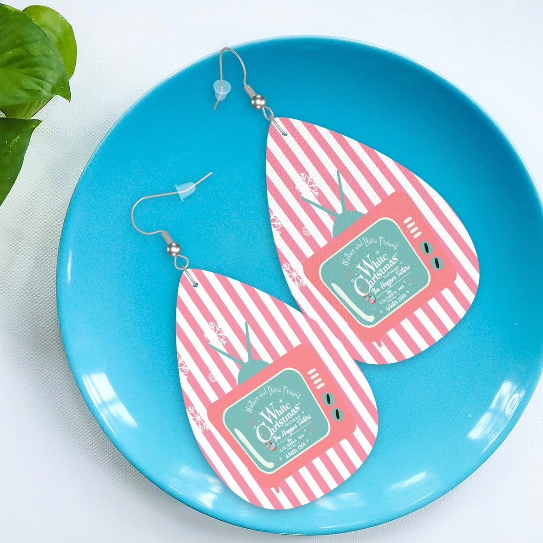 Wallace and Davis Christmas Earrings, White Pink Striped Holiday Faux Leather Teardrop Earrings - Mid Century Modern Gal