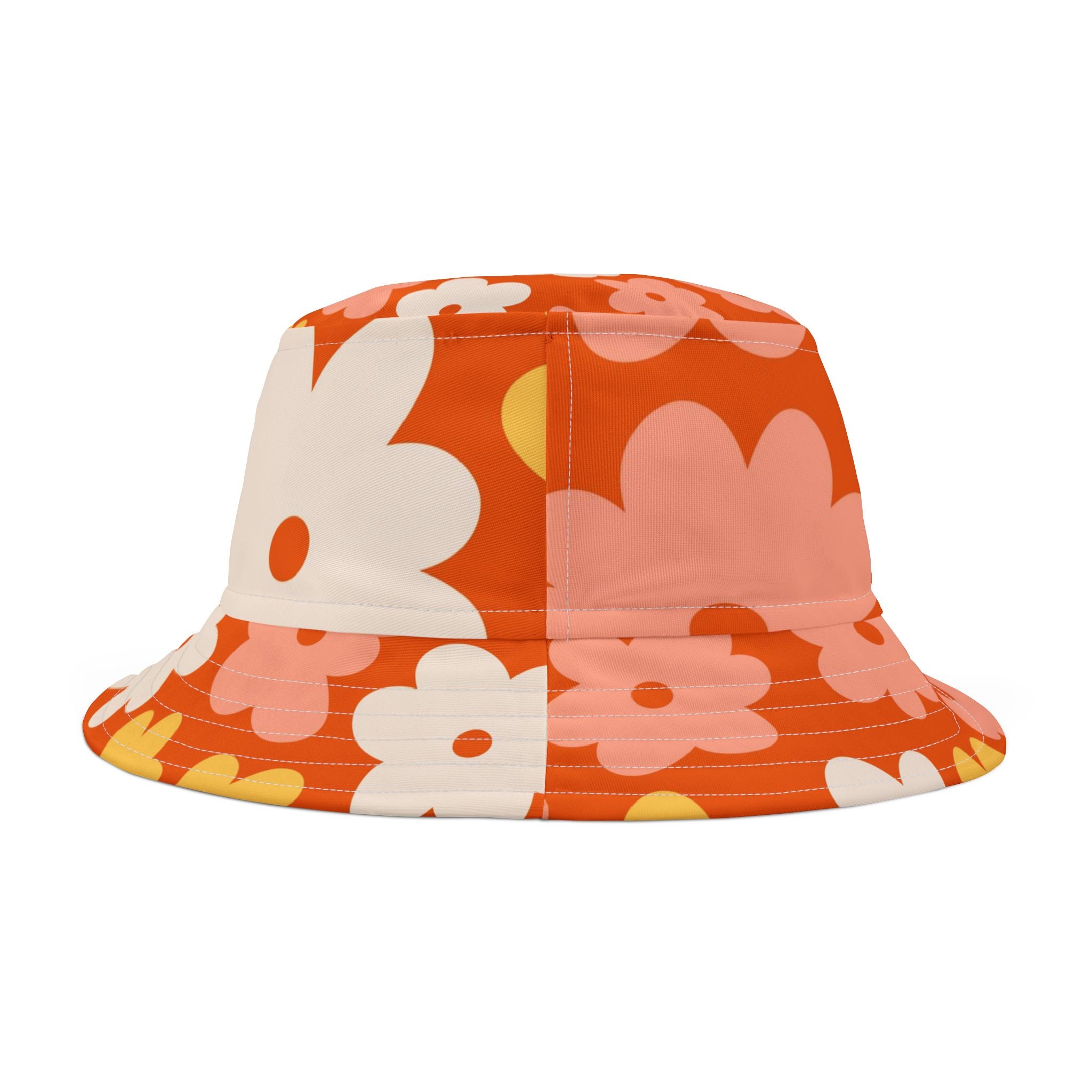 Retro 70s Flower Power  Floral Bucket Hat - Vibrant Summer Style for Festivals and Casual Outings - Mid Century Modern Gal