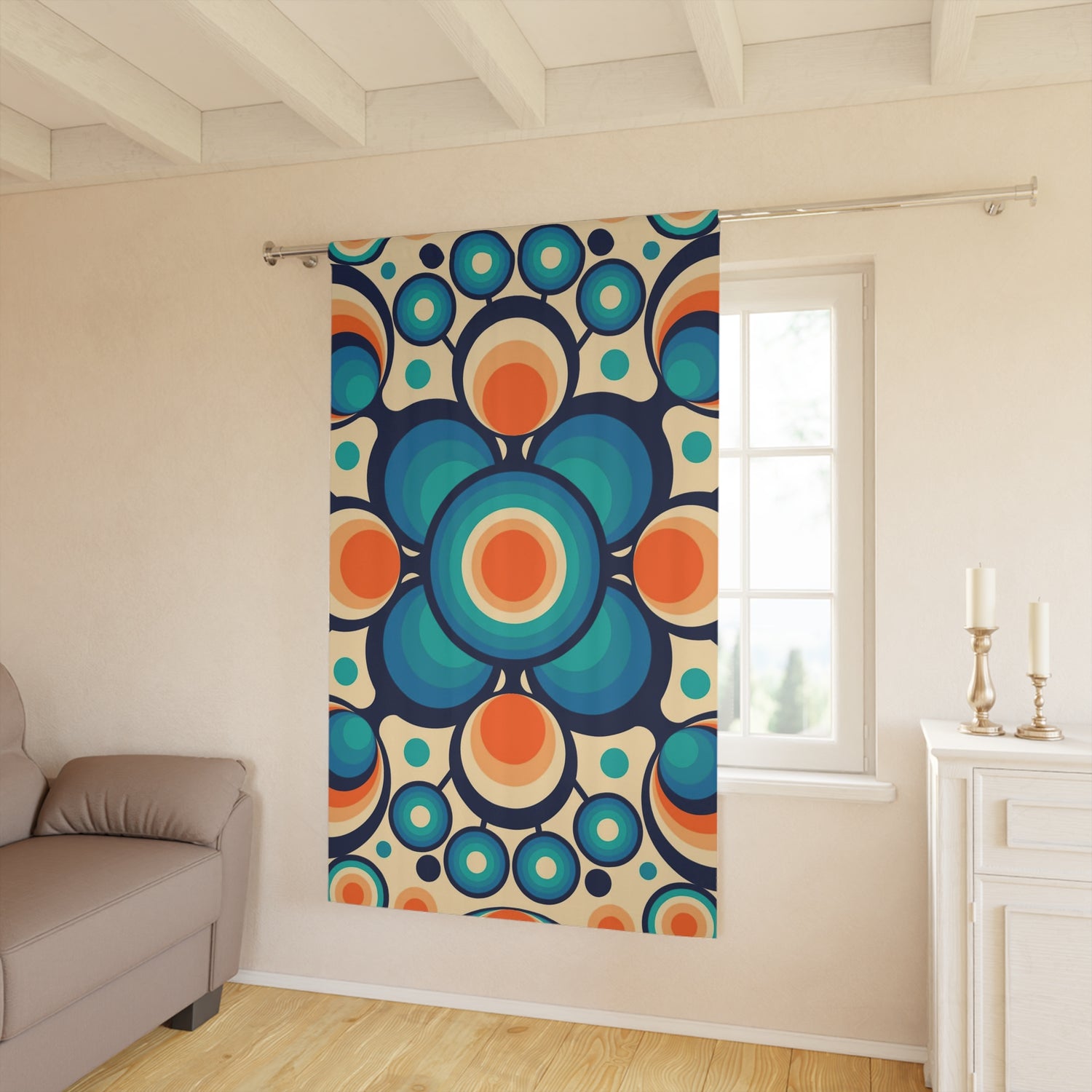 Mid Century Modern Groovy Orbs, Orange, Blue Geometric Mid Mod Retro Window Curtains (1 Piece) - Mid Century Modern Gal