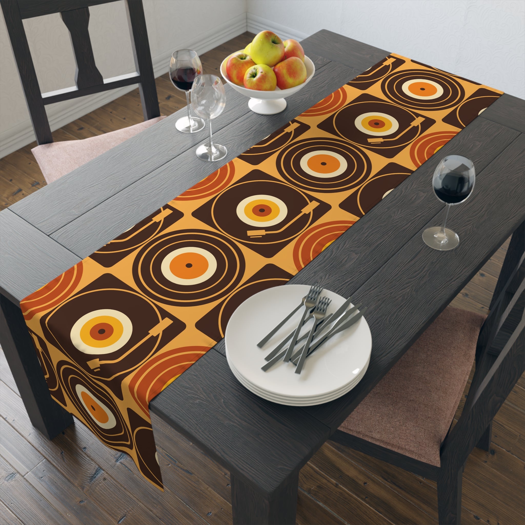 Groovy Retro Record Players, Brown Orange Yellow, Table Runner - Mid Century Modern Gal