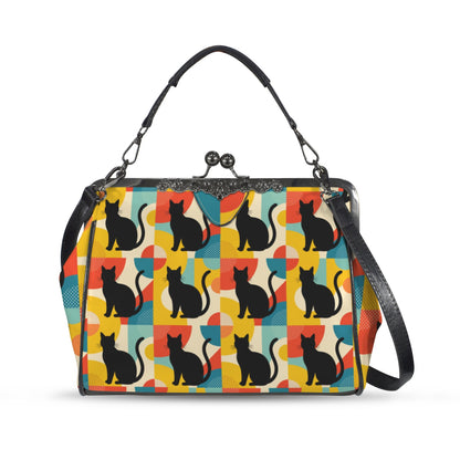 Pop Art Black Atomic Cats Kisslock Crossbody Purse