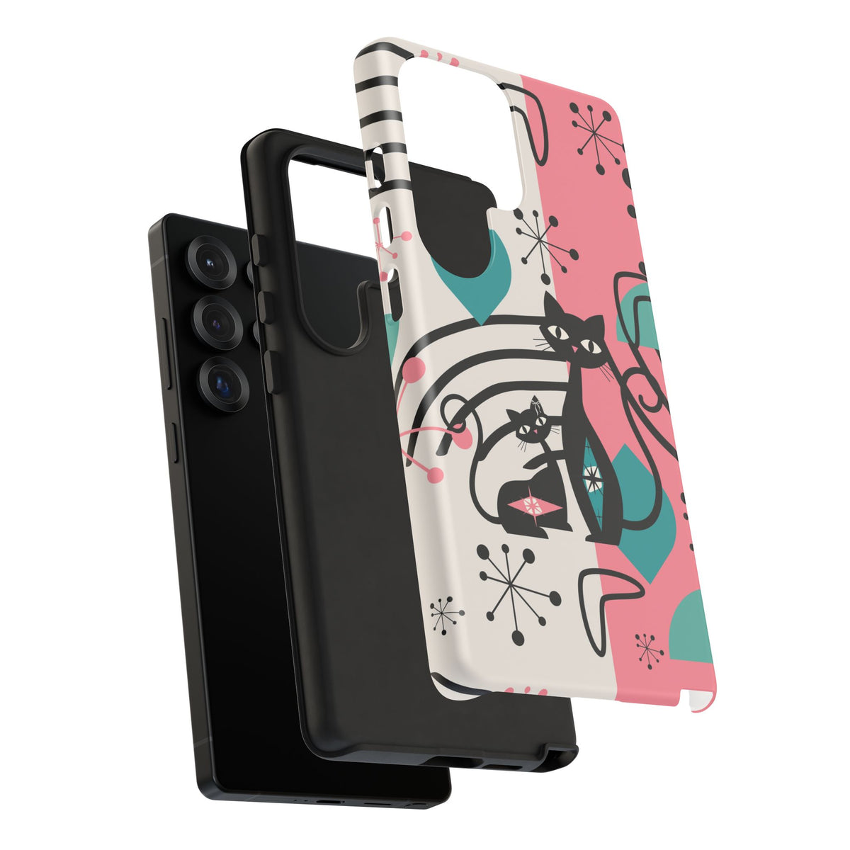 Mid Mod Atomic Cat Boomerang Starburst, Pink, Black Kitschy Stylish Cat Phone Case: Modern Design for Cat Lovers