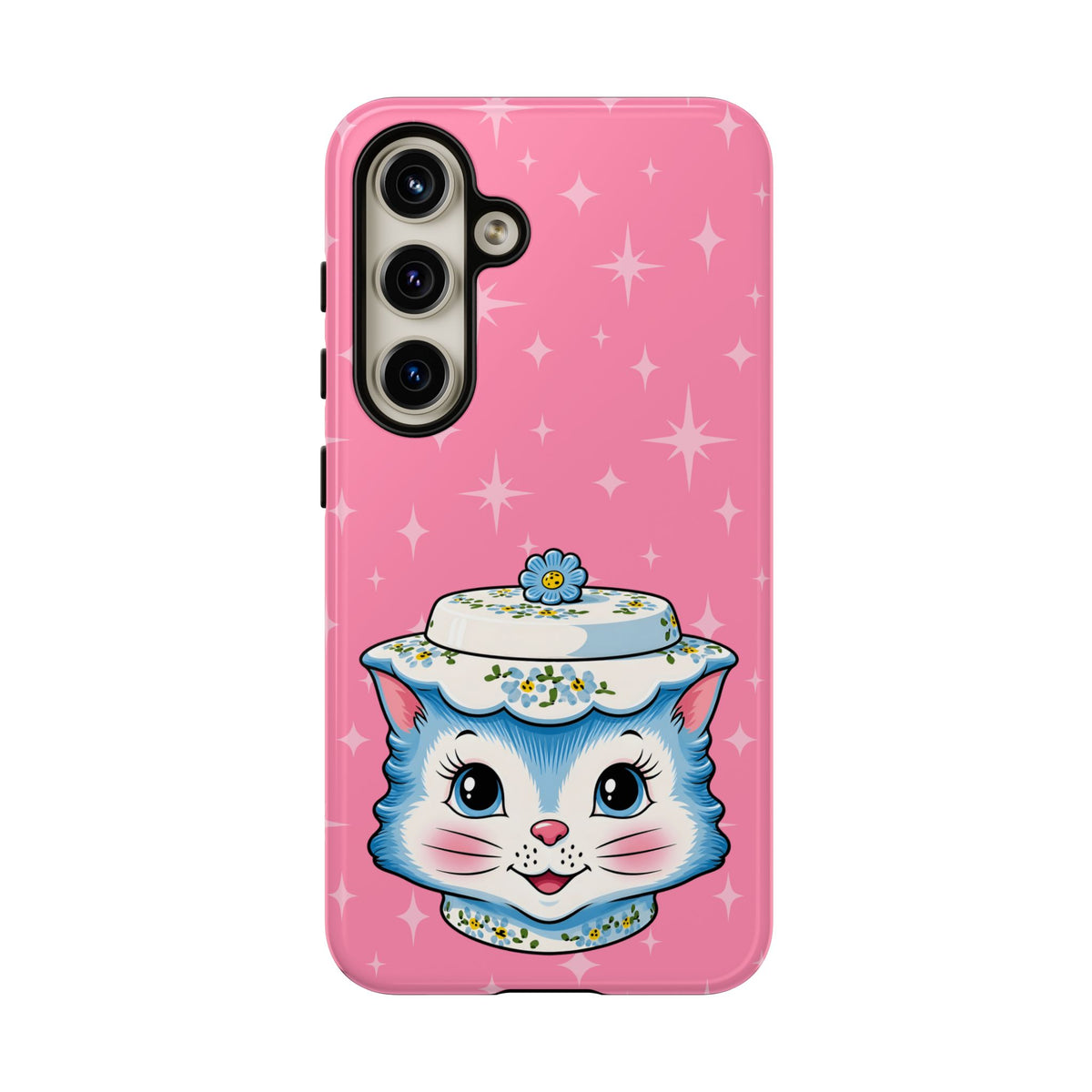 Mid Century Modern Kitschy Anthropomorphic Blue Cat with Floral Hat Tough Phone Case