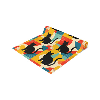 Pop Art Black Atomic Cats, Red Blue Yellow, Table Runner - Mid Century Modern Gal