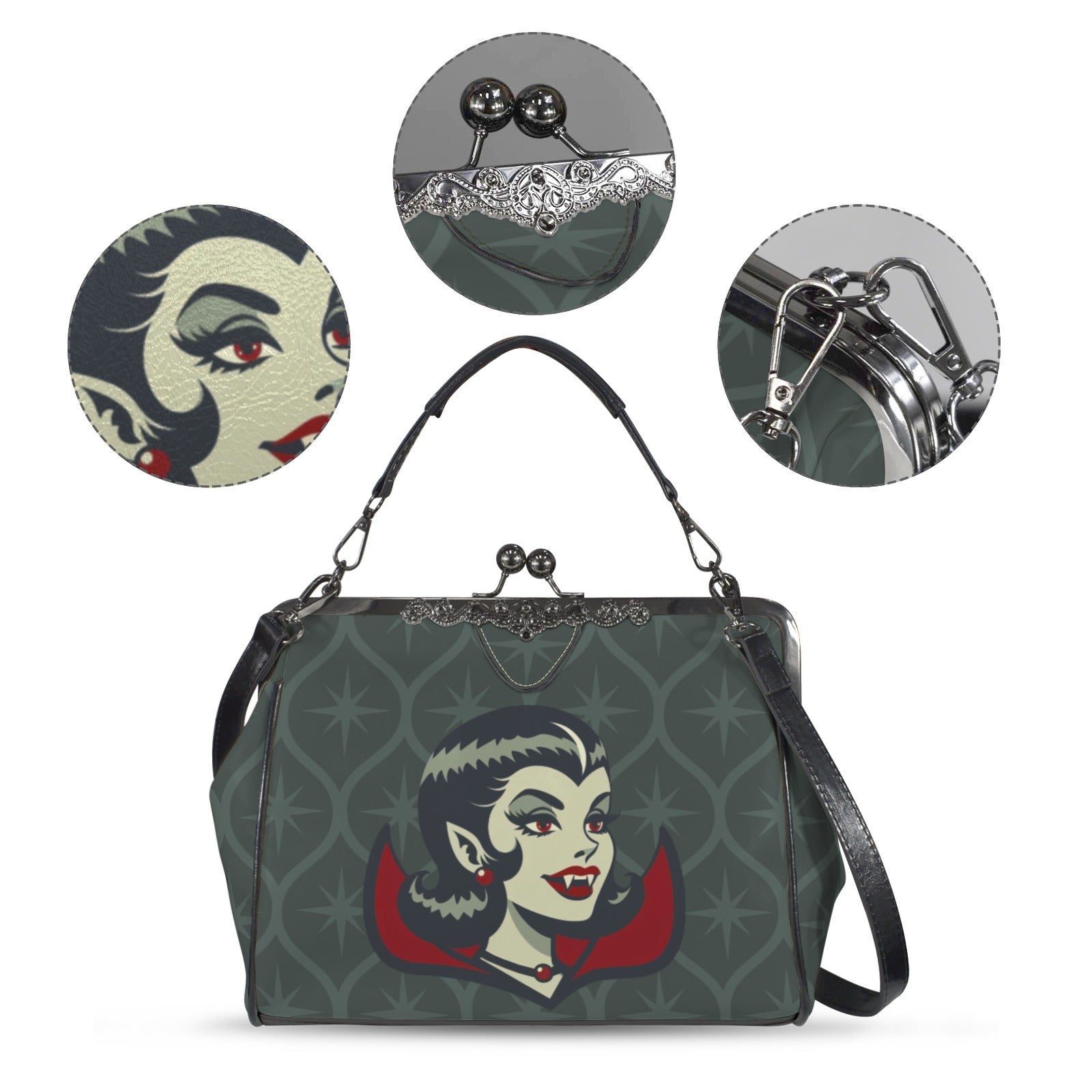 Vampire Dracula Girl Halloween Goth Horror Buff MCM Green Crossbody Purse - Mid Century Modern Gal