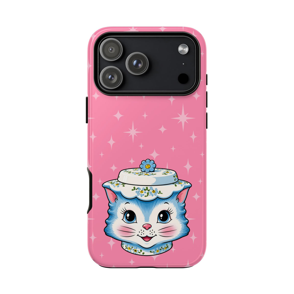 Mid Century Modern Kitschy Anthropomorphic Blue Cat with Floral Hat Tough Phone Case