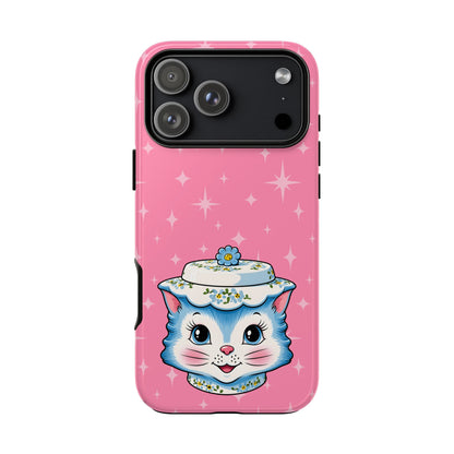 Mid Century Modern Kitschy Anthropomorphic Blue Cat with Floral Hat Tough Phone Case