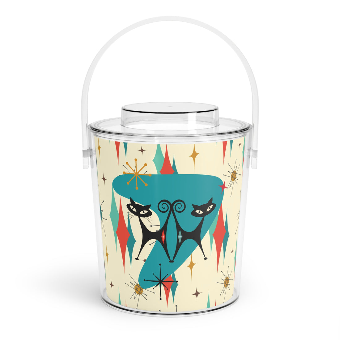 Atomic Starbursts Kitschy Cat, Atomic Cats, Mid Century ModernThemed Ice Bucket with Tongs - Mid Century Modern Gal