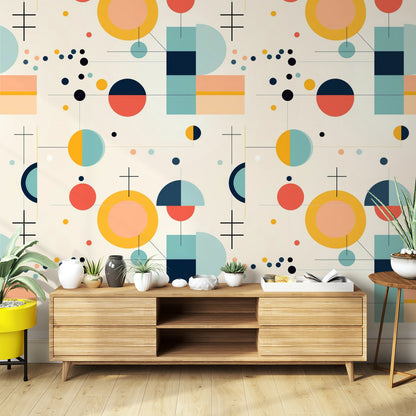 Mid Century Modern Bauhaus Designed, Geometric Yellow, Orange, Aqua MCM Peel And Stick Wall Murals