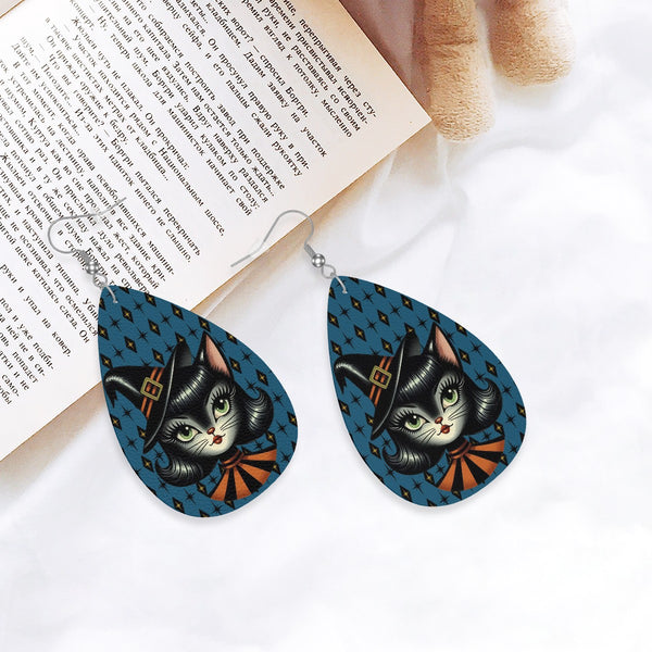 Vintage Halloween Black Cat Sexy Sexton Mid Century Modern Blue Vegan Leather Teardrop Earrings