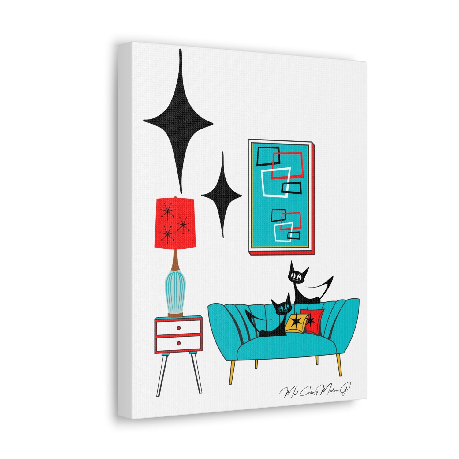 Mid Century Modern Wall Art, Atomic Cat Living Room Retro. Teal Blue, Red, Black Canvas Art