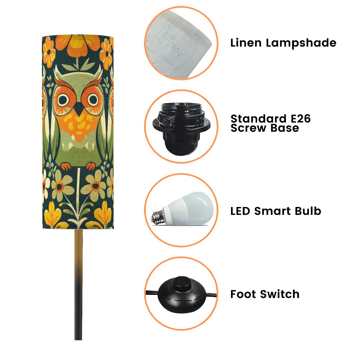 70s Retro Flower Power Groovy Owl, Orange Green Yellow MCM Floor Lamp - Mid Century Modern Gal