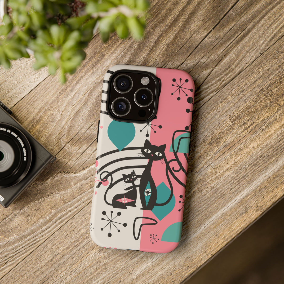 Mid Mod Atomic Cat Boomerang Starburst, Pink, Black Kitschy Stylish Cat Phone Case: Modern Design for Cat Lovers
