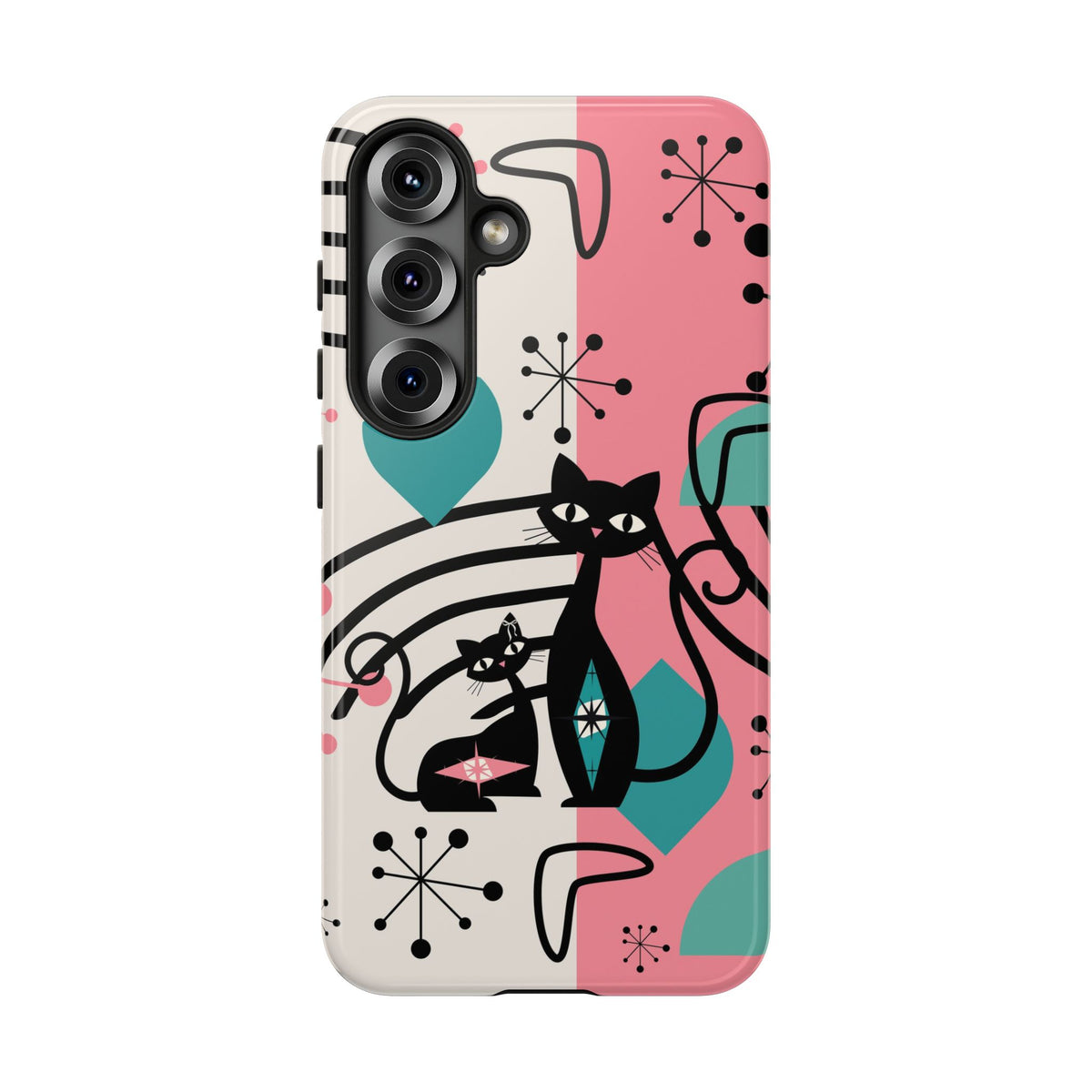 Mid Mod Atomic Cat Boomerang Starburst, Pink, Black Kitschy Stylish Cat Phone Case: Modern Design for Cat Lovers