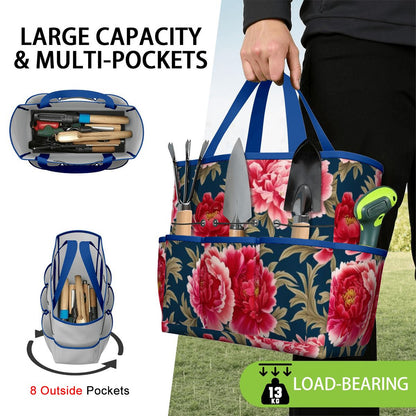 Modern Chinoiserie Royal Blue, Pink Red Floral Garden Tool Bag