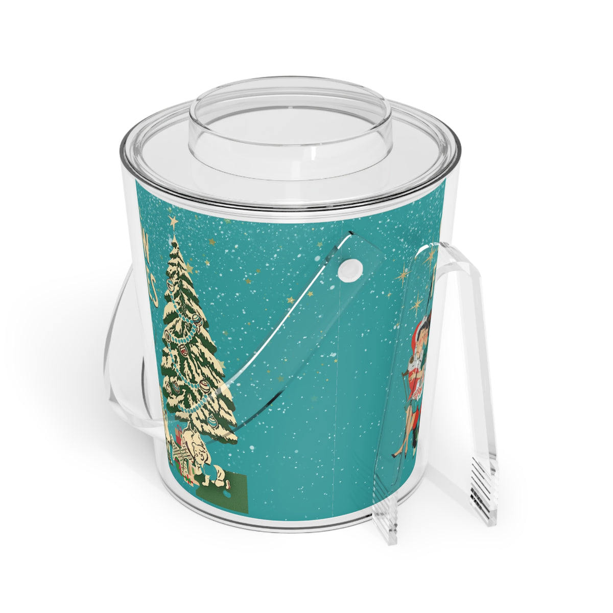Mid Century Modern 50s Kitschy Christmas, Mica Snow, Holiday Kitsch Ice Bucket with Tongs By MCM GAL - Mid Century Modern Gal