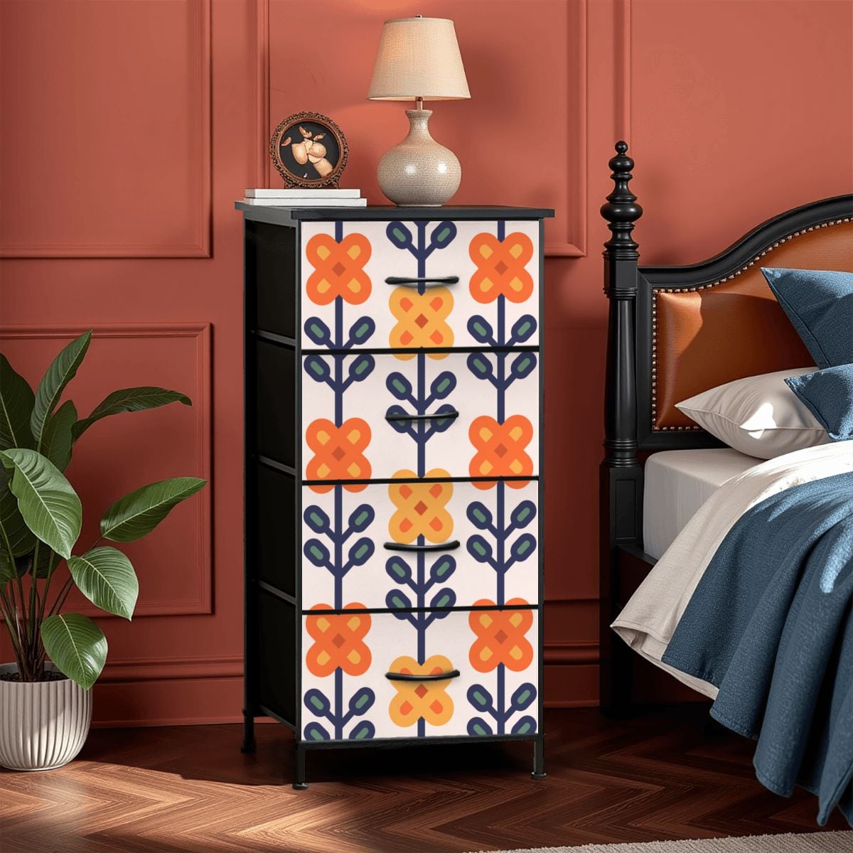 Scandinavian Mid Mod Floral Orange Yellow Blue 4-Drawer Dresser - Mid Century Modern Gal