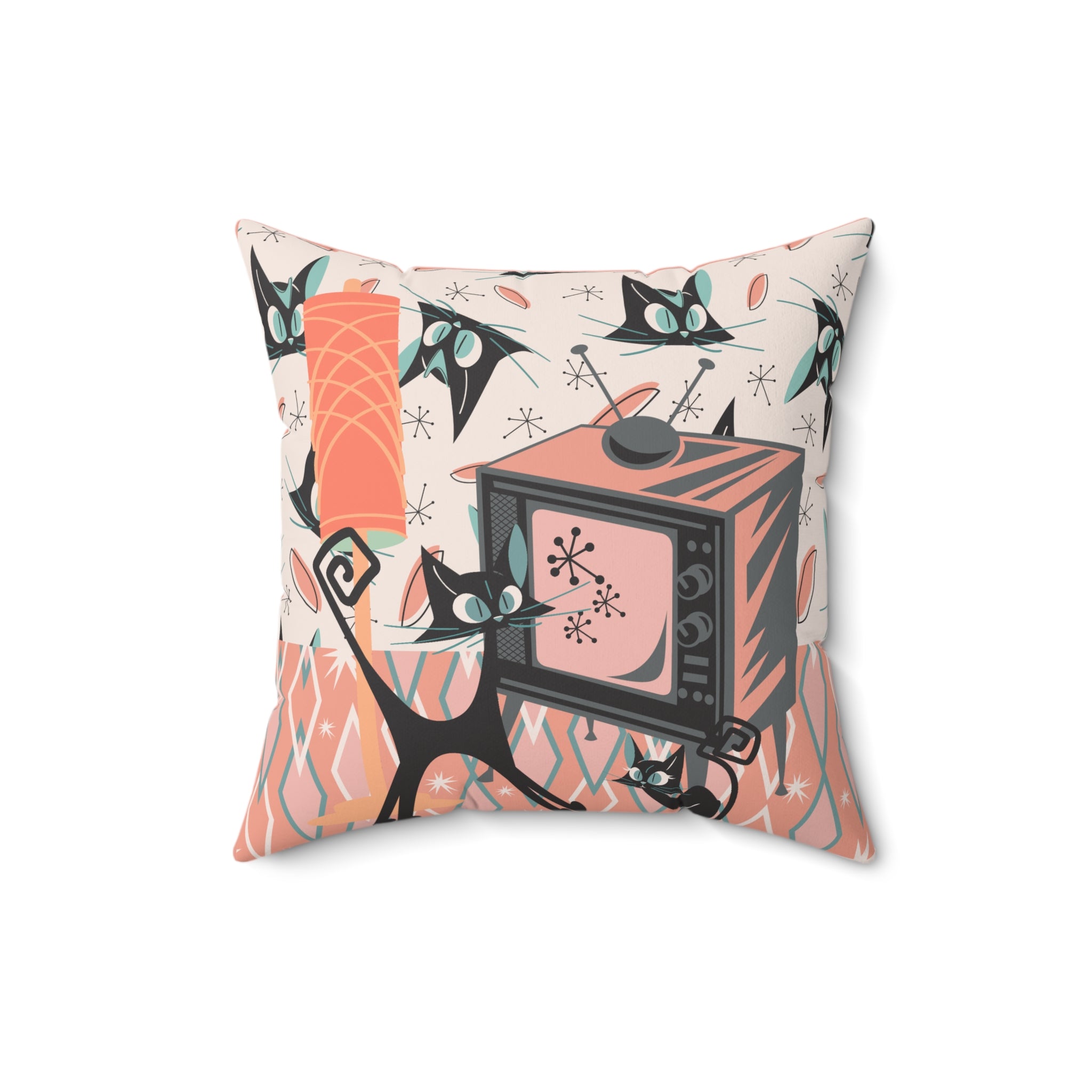 Atomic Cat Pillow, Retro TV, Kitschy Fun, Whimsical Quirky 50s Mid Century Modern Pillow And Insert, Coral Pink, Teal, Creamy Beige