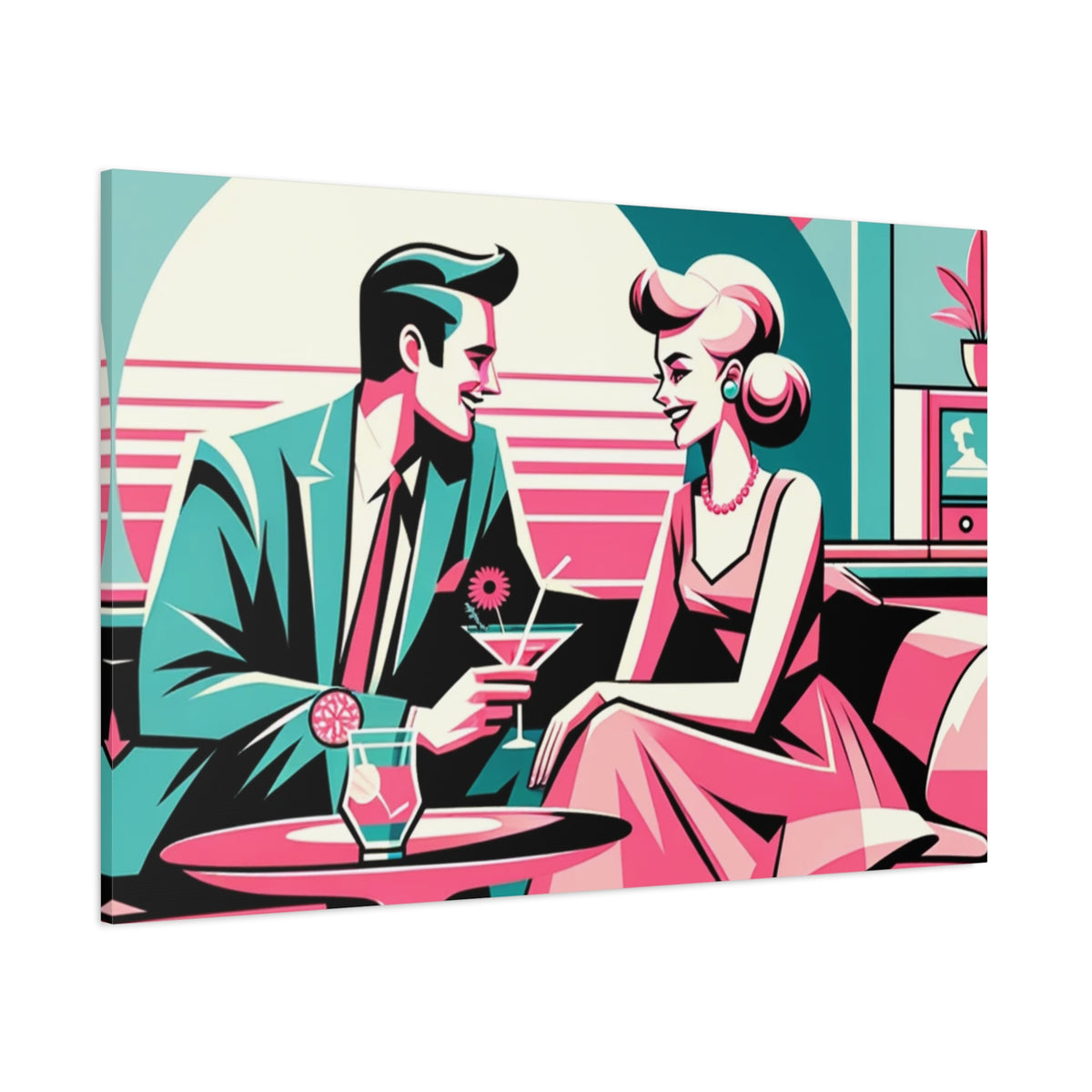 Mid Mod Retro Romance Pink, Aqua Teal Kitschy Mod Wall Art - Vintage Couple Design - Mid Century Modern Gal