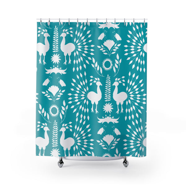 Scandinavian Teal Blue Chinoiserie Peacock Retro Mid Modern Shower Curtain
