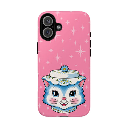 Mid Century Modern Kitschy Anthropomorphic Blue Cat with Floral Hat Tough Phone Case