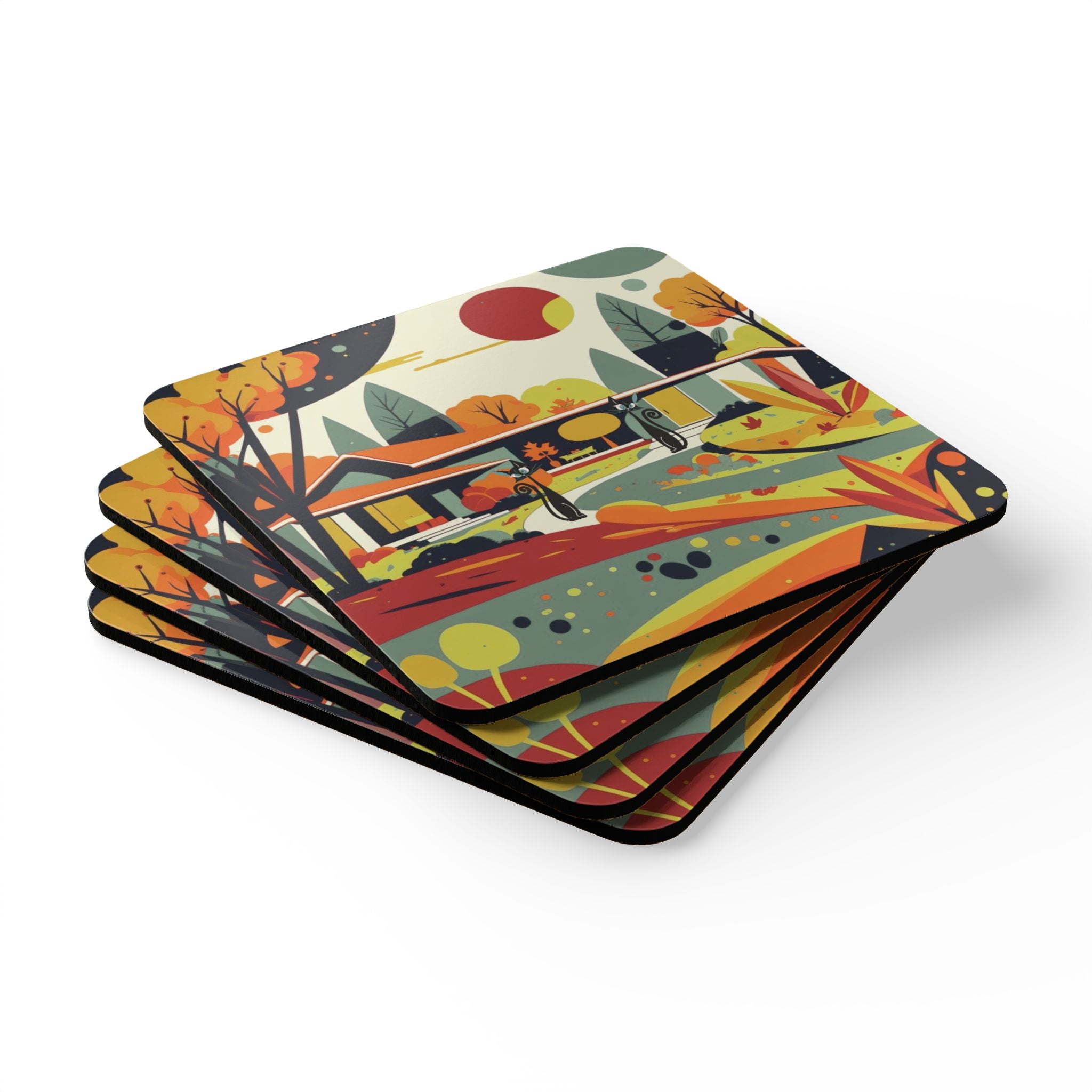 Mid Century Modern Scandinavian Floral Fall Kitschy Mod Cats Corkwood Coaster Set - Mid Century Modern Gal