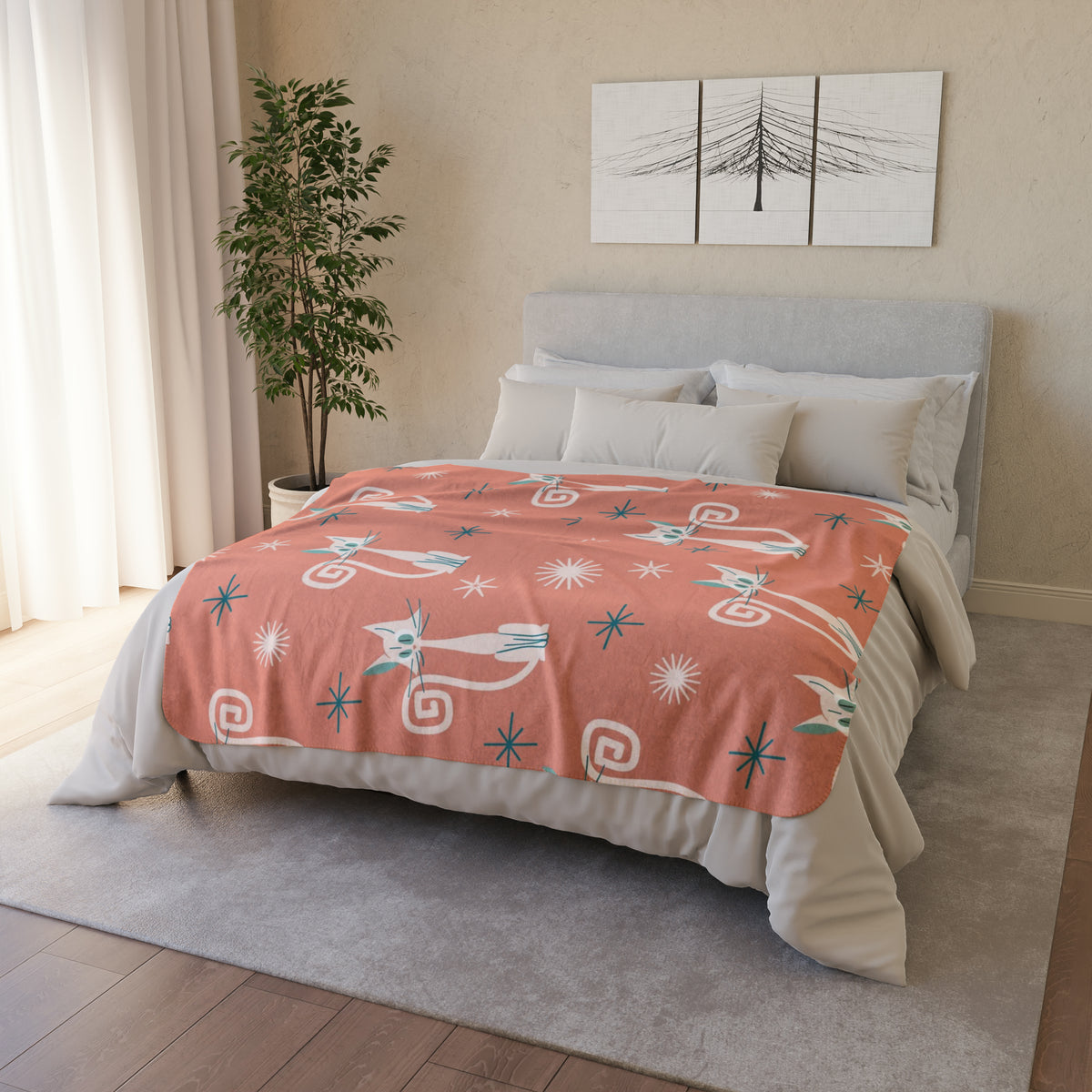 Cozy Cat, Atomic Cats, Coral, Teal Starburst Mid Century Modern Fleece Sherpa Blanket - Mid Century Modern Gal
