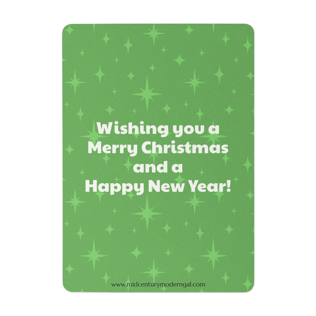 Mid Century Modern Gal Decorating Christmas Tree, Green Atomic Starbursts Flat Postcard Style Christmas Greeting Cards