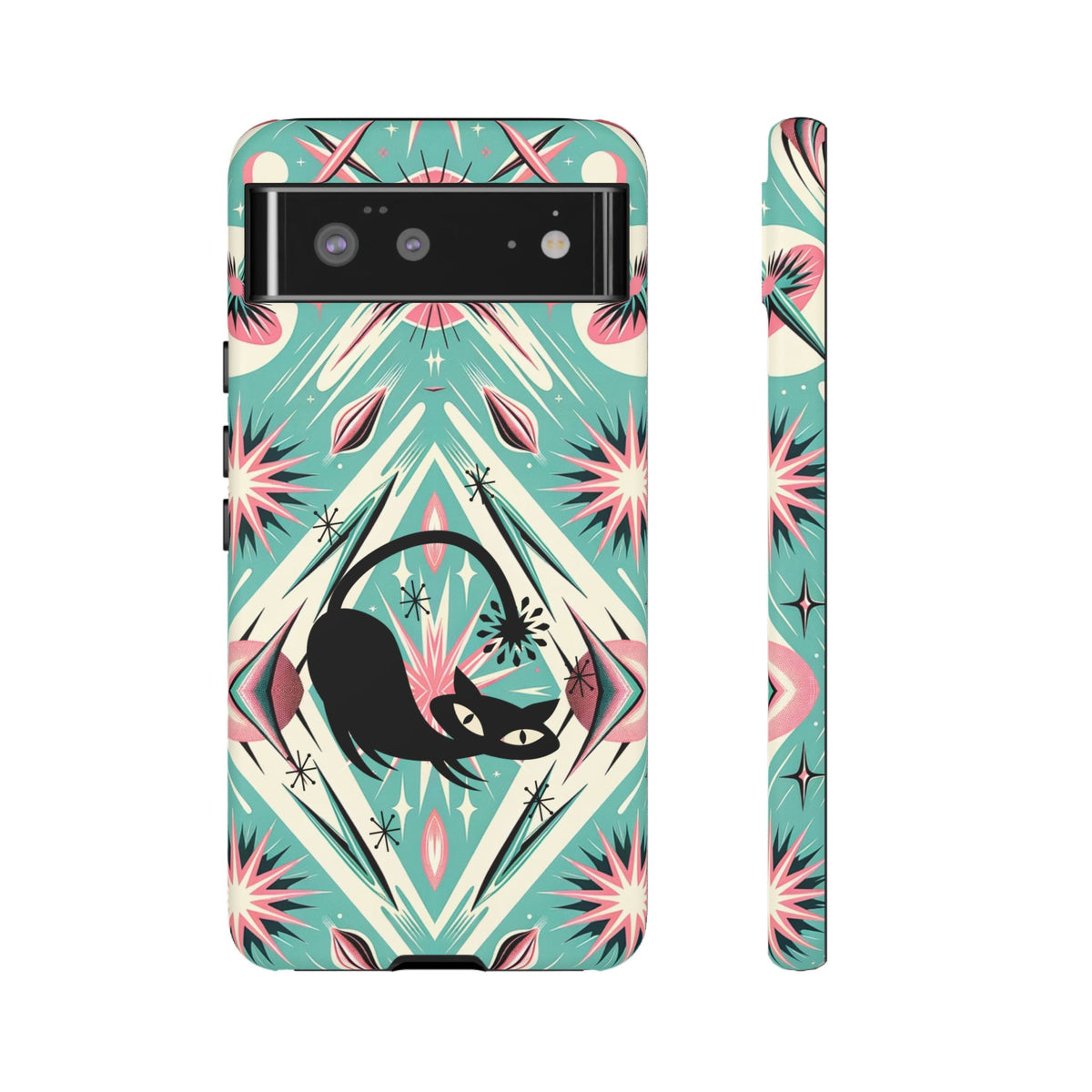 Atomic Cat, Mid Century Modern Aqua Blue, Pink, Starbursts Tough Phone Case