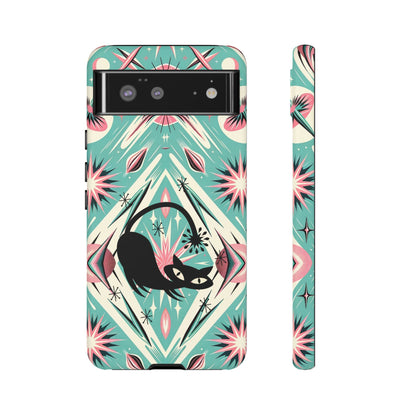 Atomic Cat, Mid Century Modern Aqua Blue, Pink, Starbursts Tough Phone Case