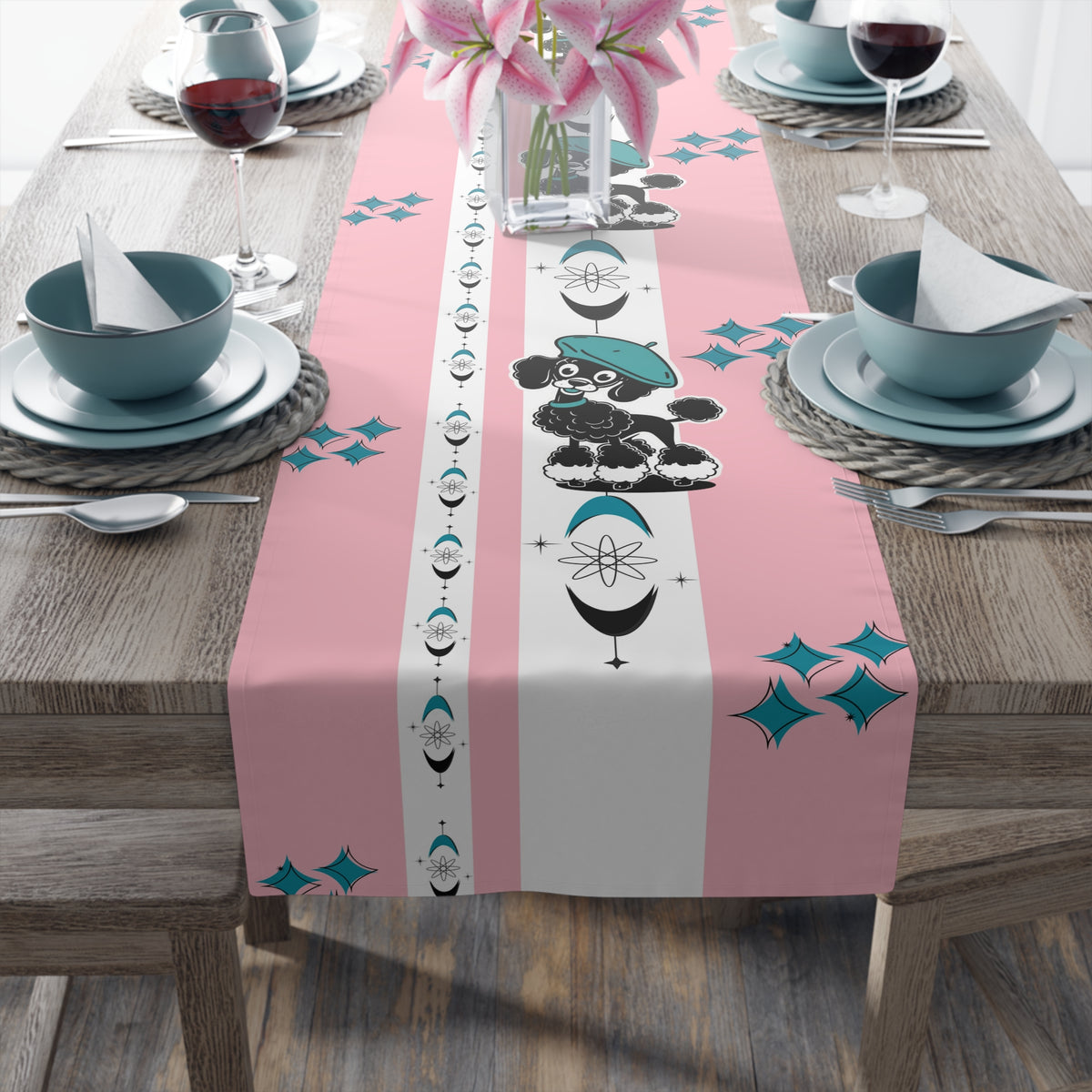 Atomic Poodle Mid Century Modern Pink Whimsical Cosmic Table Runner - Mid Century Modern Gal