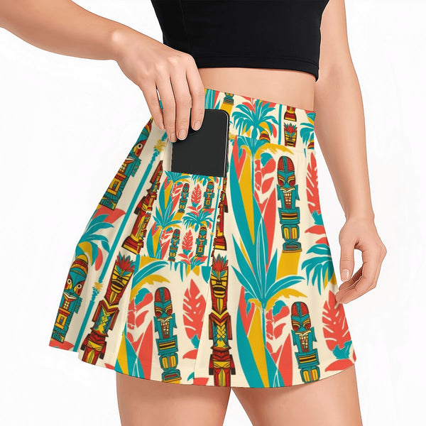 Retro Tiki Design Mid Mod Teal, Coral Yellow MCM Designed Women's Tennis Skort with Pockets