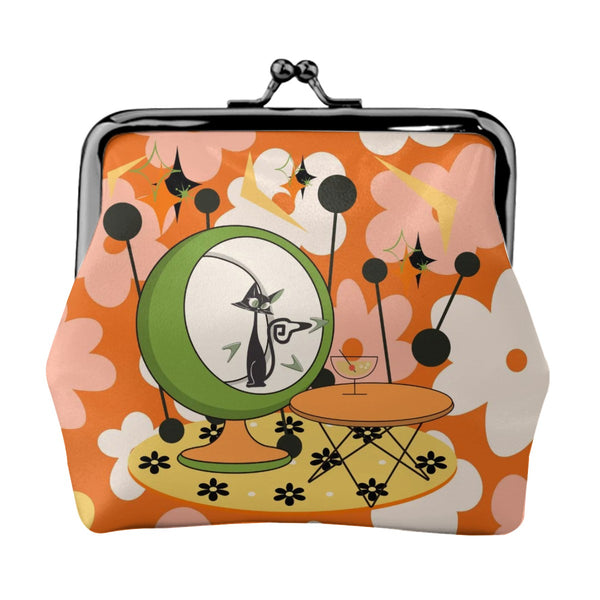 Atomic Cat Flower Power Retro Cute Women's Leather Kiss Lock Coin Purse